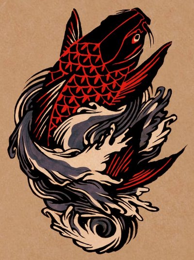 Amazing red dragon koi fish with waves tattoo design by hellofromthemoon