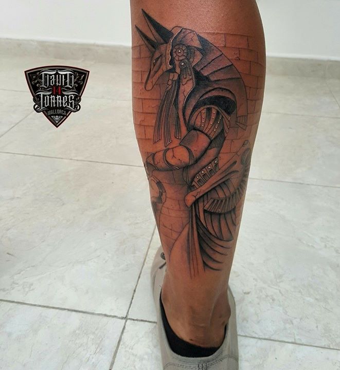 Anubis tattoo on leg by David Torres
