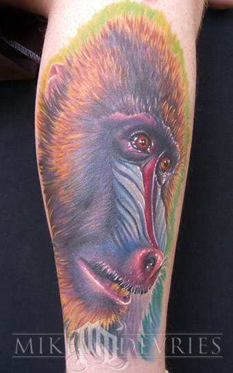 Baboon Tattoo On Leg by Mike Devries