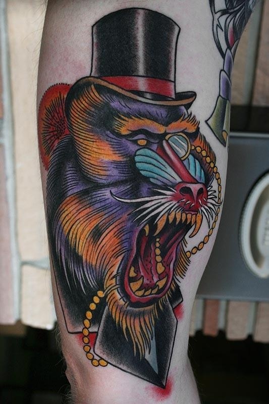 Baboon With Hat Tattoo On Arm by Stefan Johnsson
