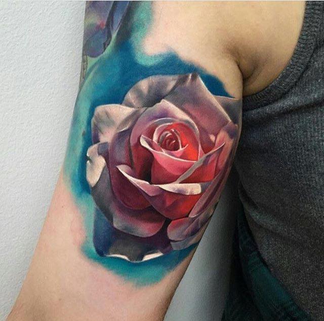 Beautiful Pink Rose Tattoo on Bicep