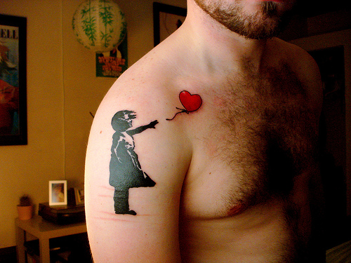 Best Banksy Girl Tattoo On Man Right Shoulder