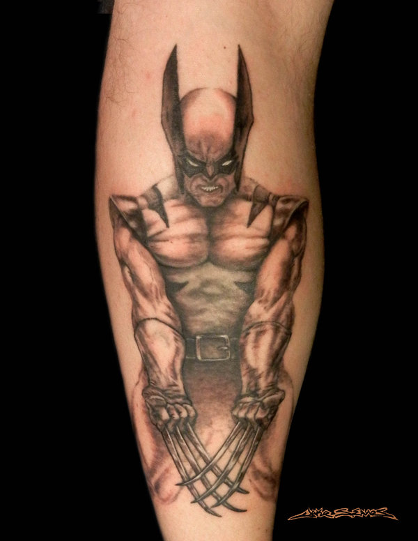 Black And Grey Wolverine Tattoo On Leg