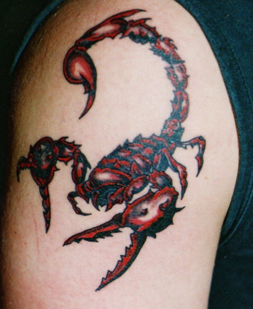 Black And Red Scorpio Tattoo On Shoulder