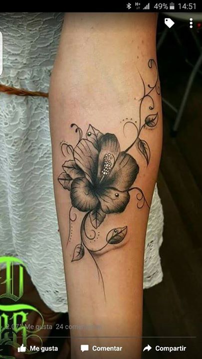 Black Ink Hibiscus Tattoo on Girl's Forearm