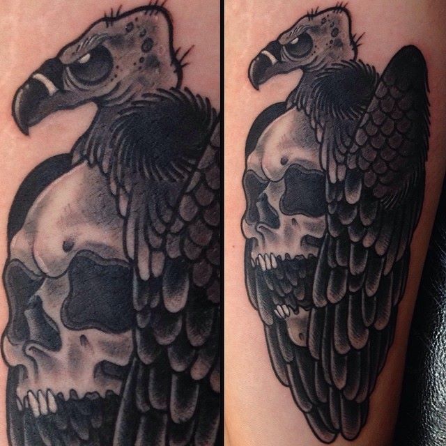 Black and grey vulture tattoo by Lauren Gow
