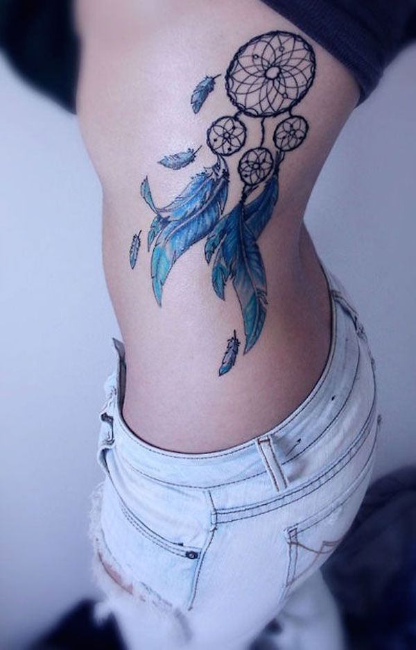 Blue Feathers And Dream Catcher Tattoo On Rib Cage