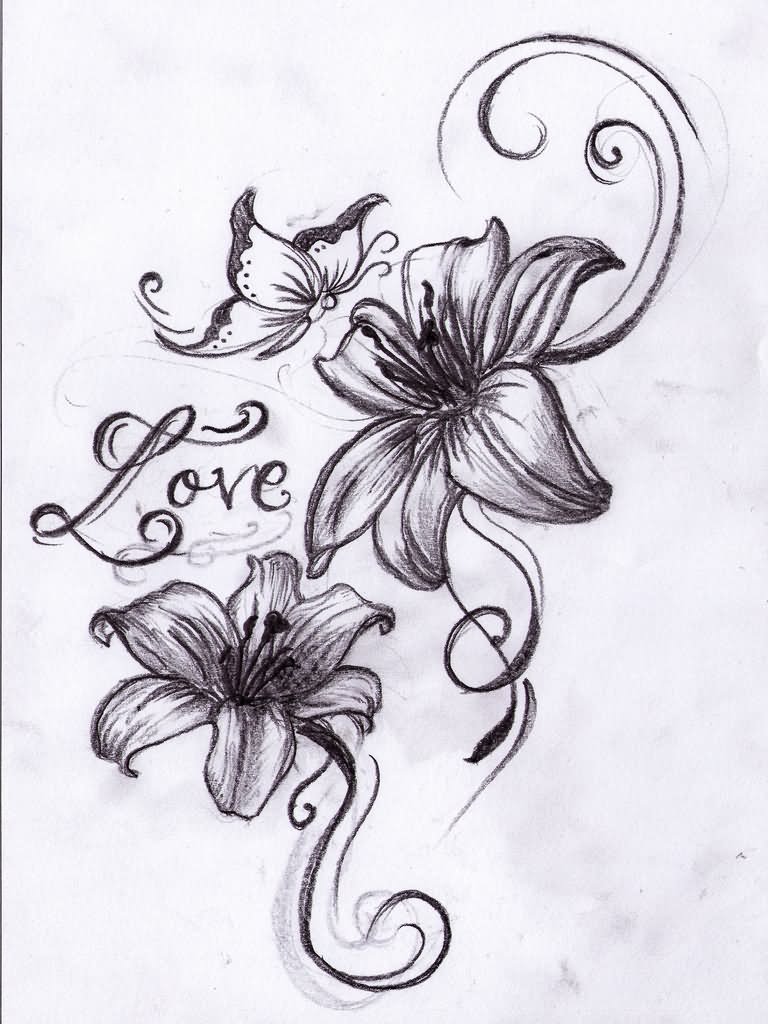 Butterfly Love Flowers Tattoo Design