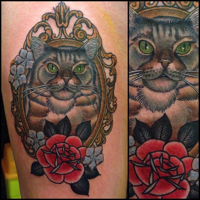 Cat in frame portrait tattoo by Lauren Gow