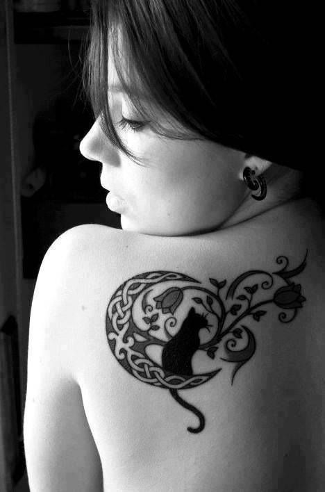 Celtic Moon And Black Cat Tattoo On Girl Back Shoulder