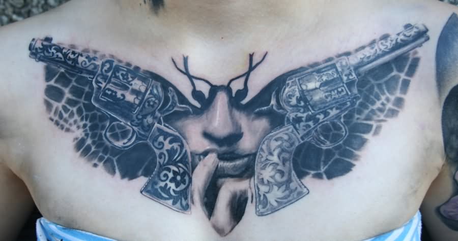 Chestpiece Guns Tattoos By Tuomaskoivurinne