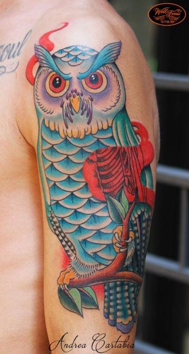 Color Ink Owl Tattoo On Left Sleeve By Andrea Cartabia
