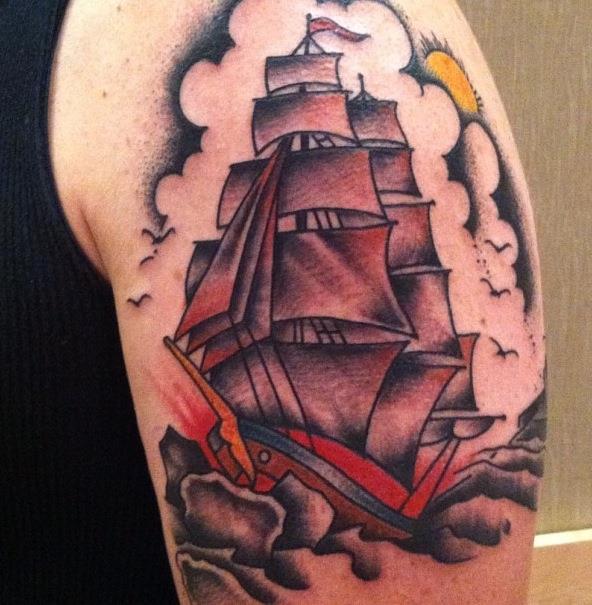 Colorful Boat Tattoo On Half Sleeve