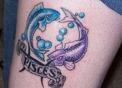 Colorful Pisces Tattoo Design With Banner