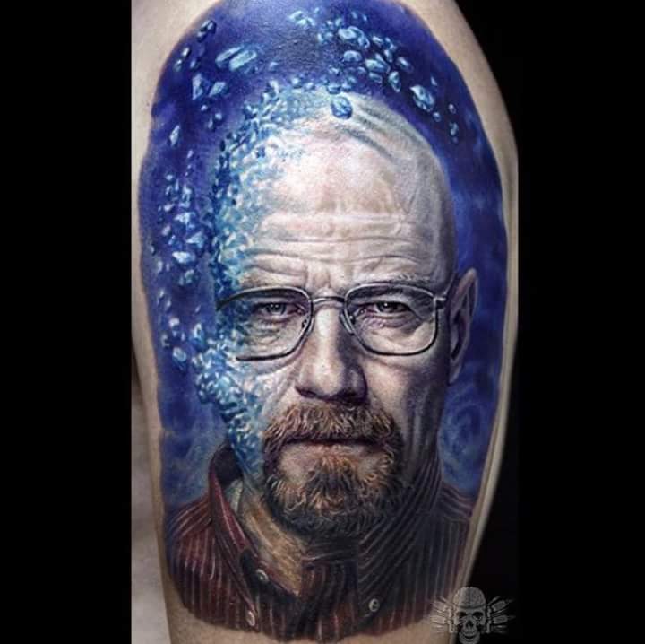 Colorful Walter White Portrait Tattoo On Half Sleeve