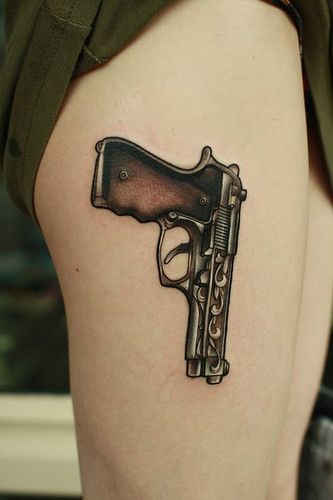 Cool Gun Tattoo On Right Thigh