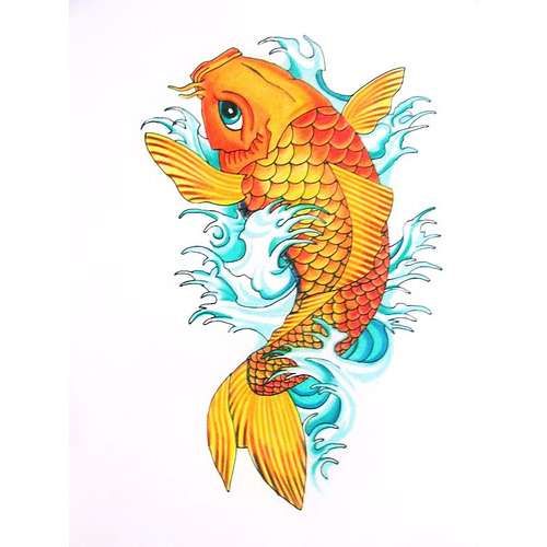 Cute yellow koi fish with water splashes tattoo design