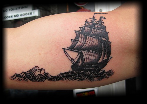 Dark Grey Ink Boat Tattoo Design Idea