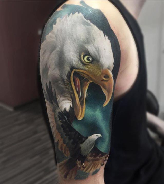 Eagle Head Tattoo On Right Half Sleeve For Men
