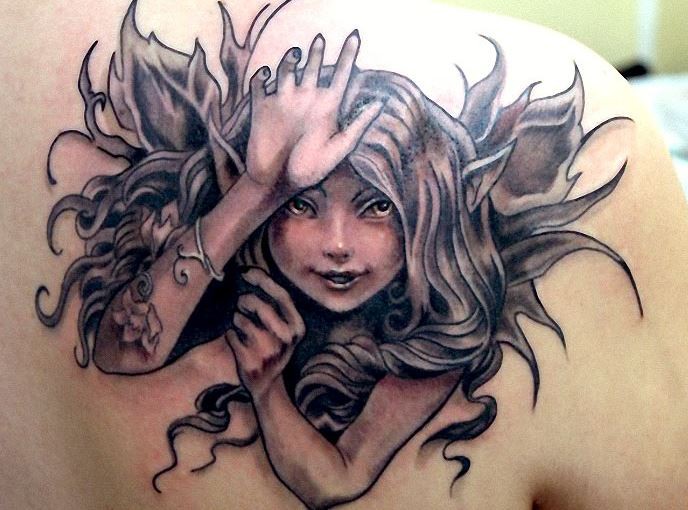 Fairy Girl Tattoo On Right Back Shoulder