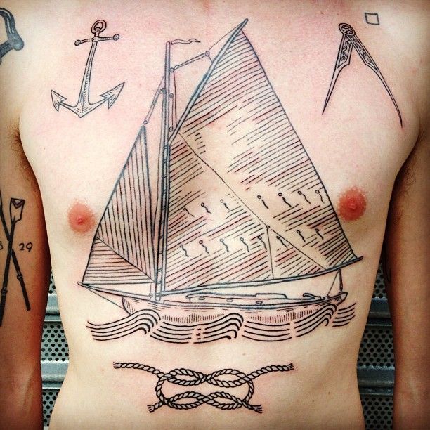 Fisherman's Knot And Sailboat Tattoo On Man Chest