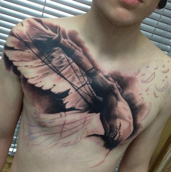 Flying Male Angel Tattoo on Chest by Florian Karg