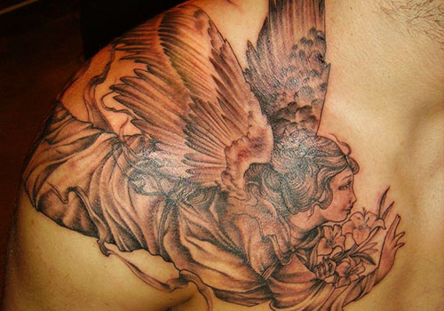 Flying Mom Angel Tattoo on Shoulder