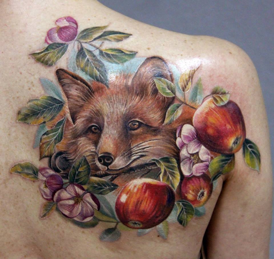 Fox Head Tattoo On Right Back Shoulder by Anna Belozerova