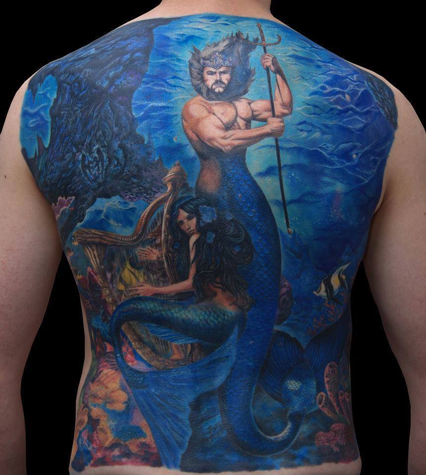 Full Back Underwater Mermaid Tattoo For Men