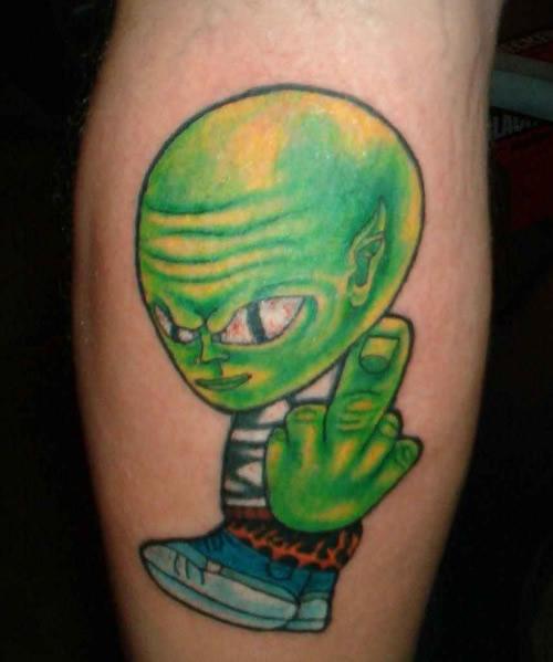Green Alien Showing Middle Finger Tattoo Design