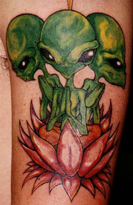 Green Ink Aliens In Lotus Flower Tattoo On Half Sleeve