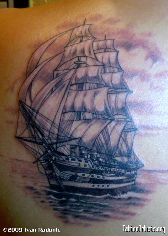 Grey Ink Sailboat Tattoo On Back Body