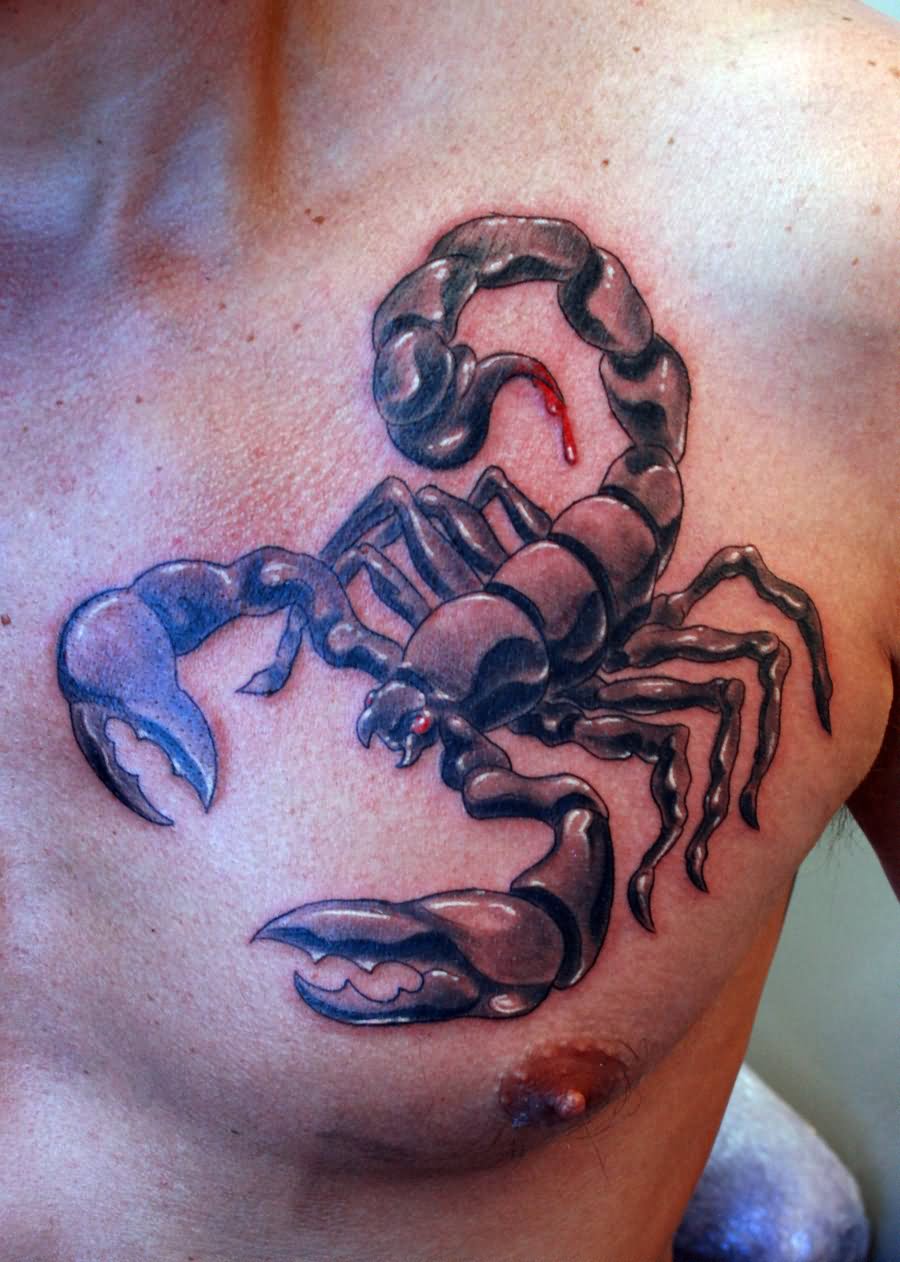 Grey Ink Scorpio Tattoo On Man Chest