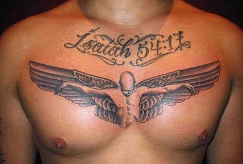 Grey open winged male angel tattoo on chest