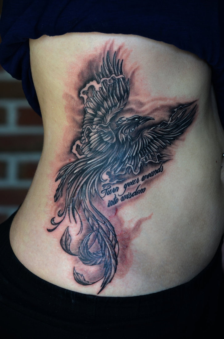 Grey phoenix tattoo on rib cage by Zakknoir