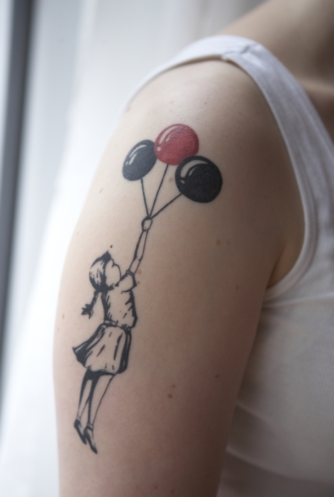 Half Sleeve Banksy Girl Flying With Balloons Tattoo
