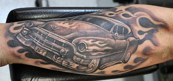 Hot Rod Car Tattoo On Left Arm