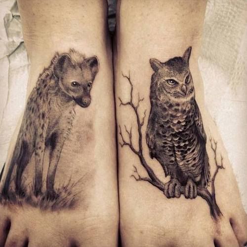 Hyena and Owl tattoo on feet