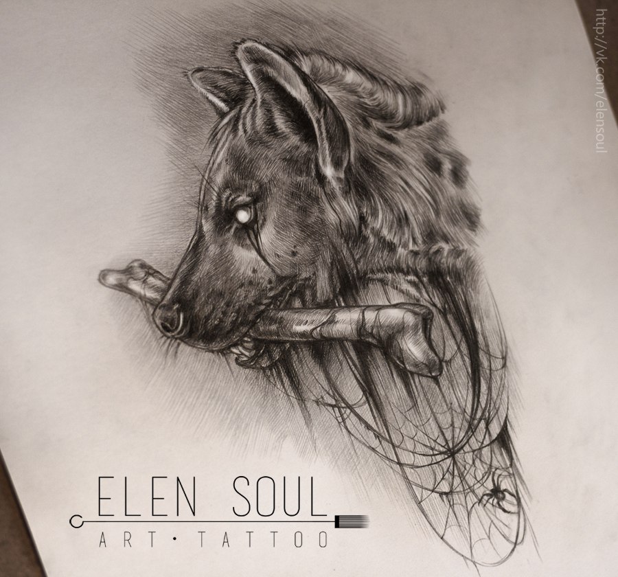 Hyena with bone tattoo by Elen Soul