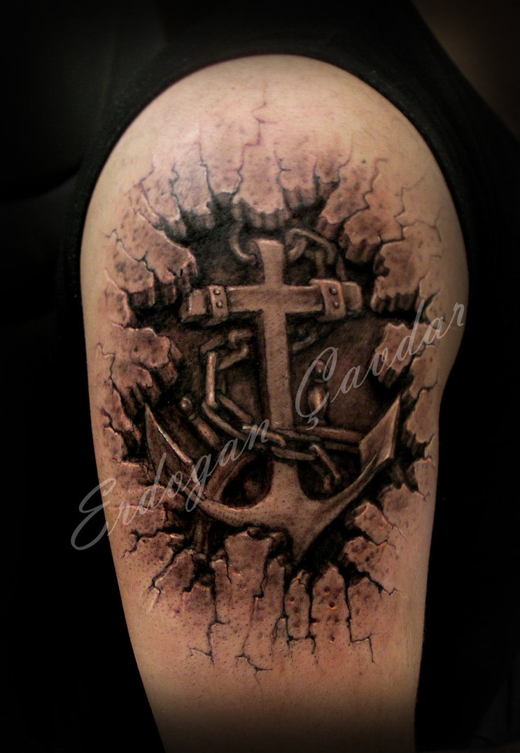 Incredible 3D Ripped skin Anchor Tattoo on shoulder