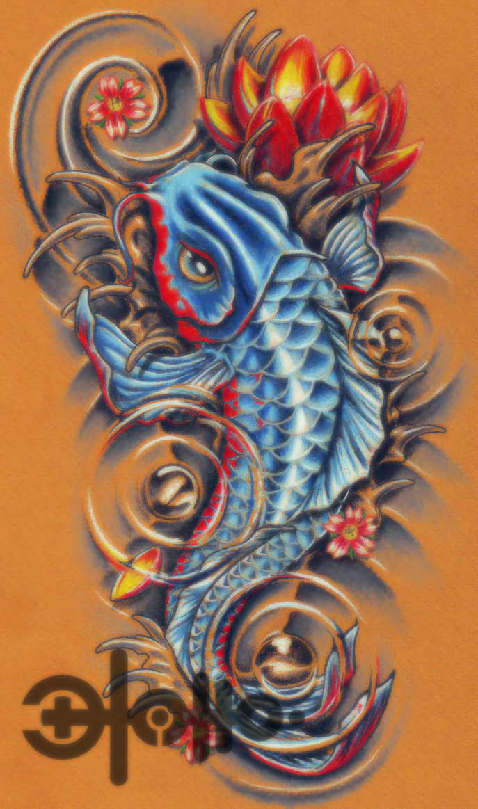 Incredible colored koi fish tattoo design with lotus