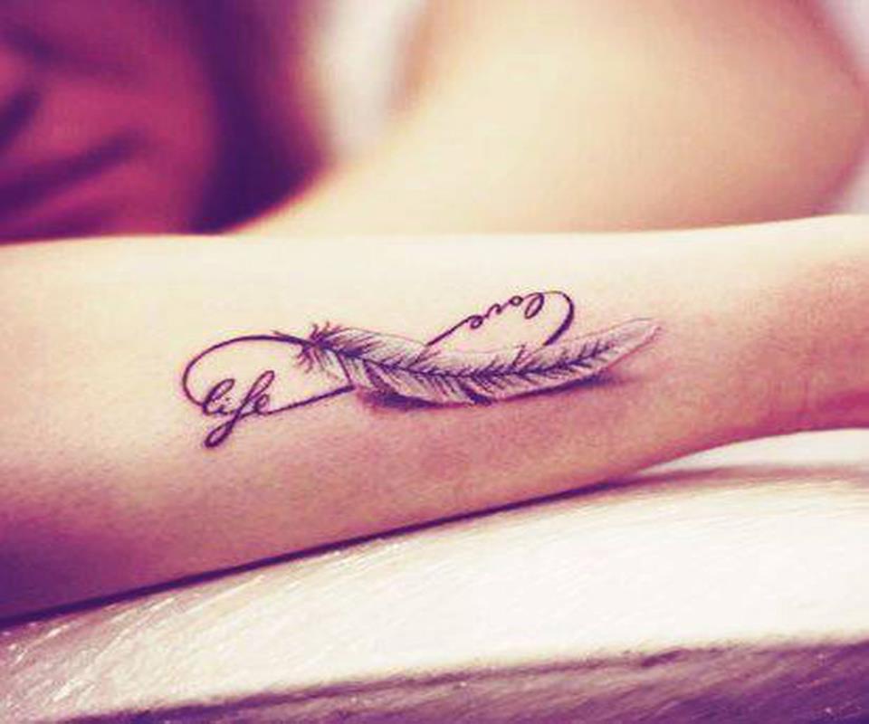 Infinity Symbol With Words Love-Life and Feather Tattoo