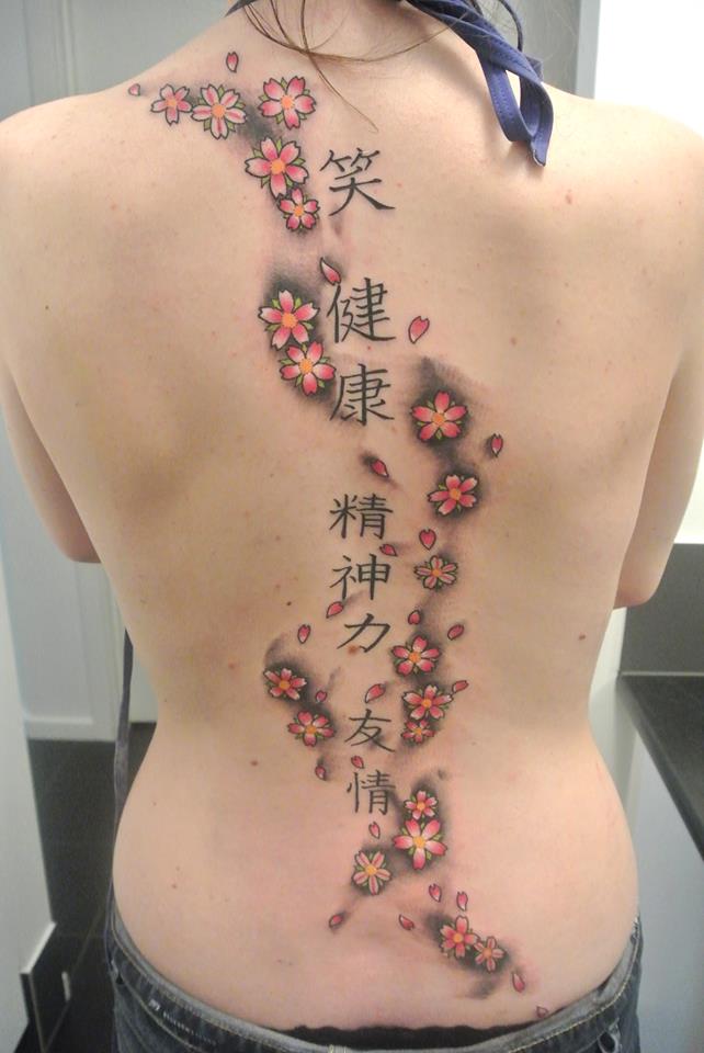 Japanese Cherry Blossom Tattoo On Back by Lou Shaw