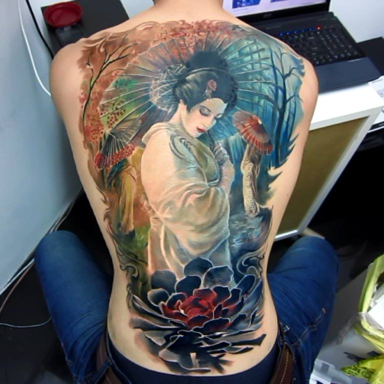 Japanese Geisha Tattoo On Full Back by Deadi