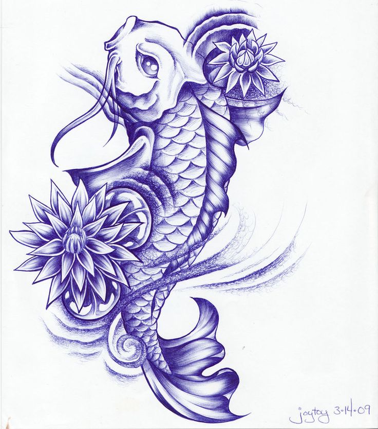 Koi fish with lotus flowers tattoo design made with ball point pen by Joytoy