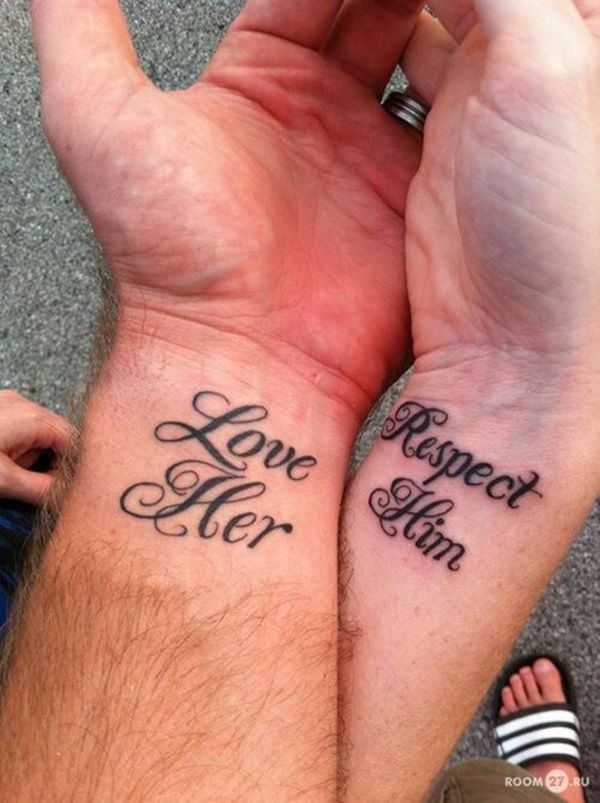 Love Her Respect Him Couple Tattoos On Wrist
