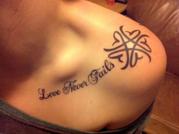 Love Never Fails Women Quote Tattoo On Collarbone
