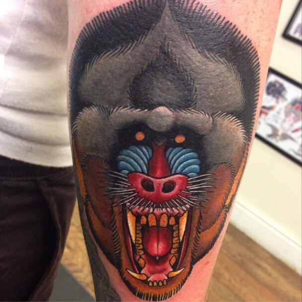 Mandrill Tattoo on arm by Lauren Gow