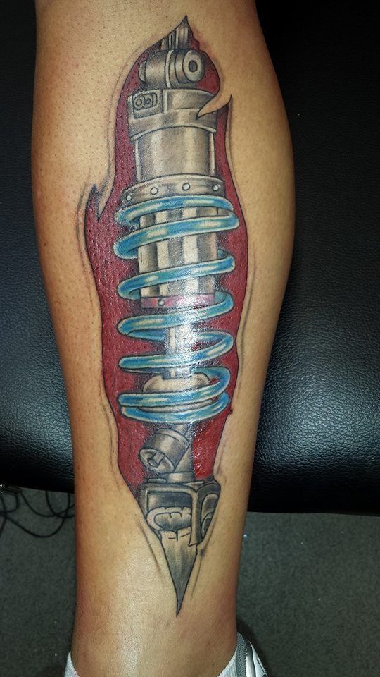 Mechanical Car Shocker Tattoo On Leg