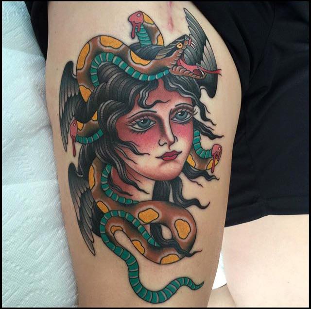 Medusa Girl Tattoo On Right Leg by Dean Denney